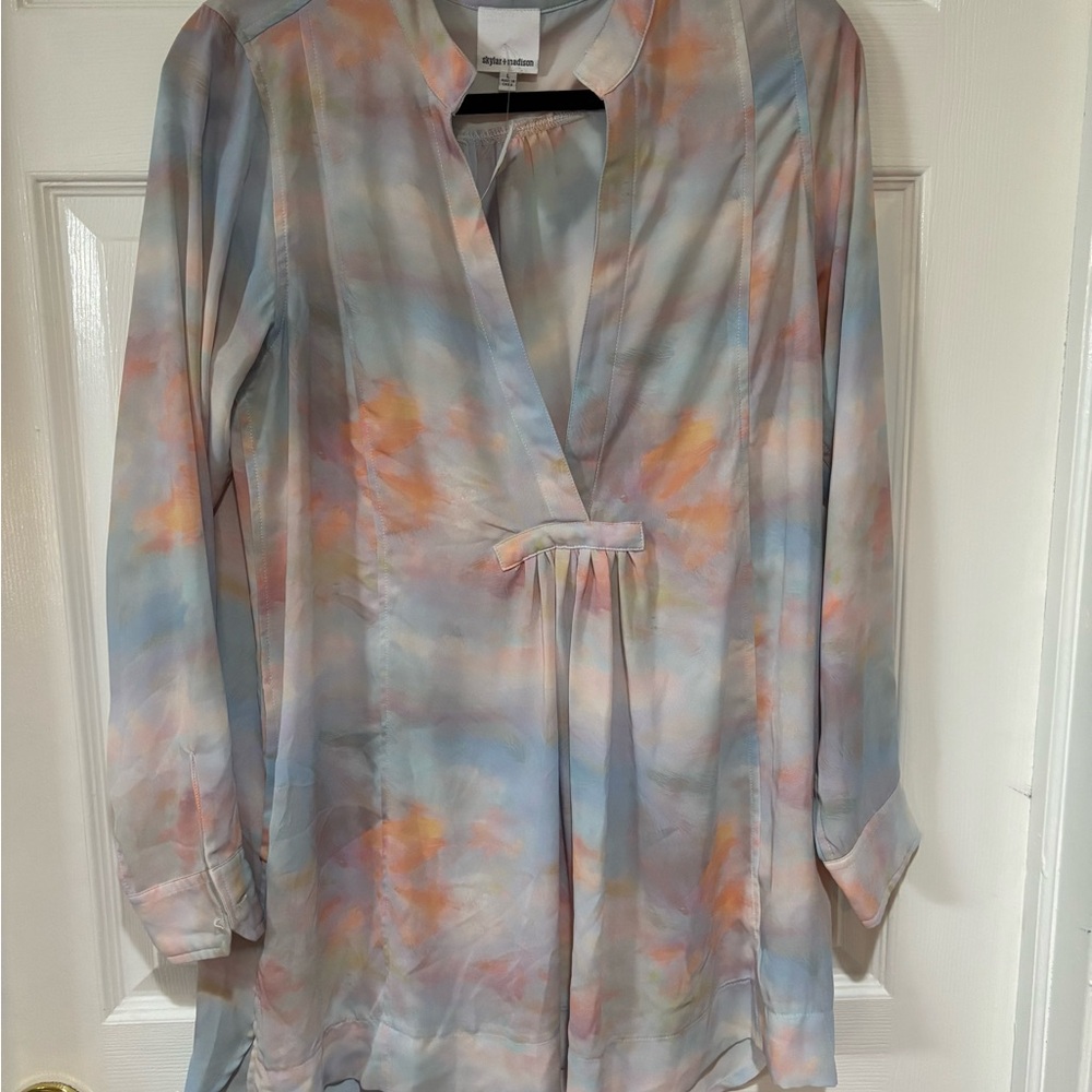 Skylar + Madison Pastel Watercolor V-Neck Blouse - Blue, Peach, Pink, Cream